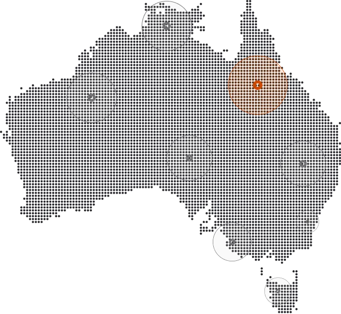 Map of Australia with several marked circular locations, one highlighted in orange in the northeastern region.
